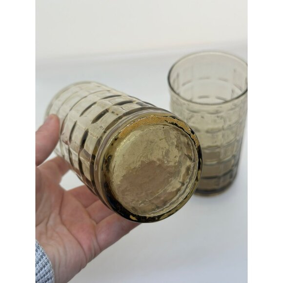 VTG Anchor Hocking Smoke Glasses Tartan Square Cube Waffle Block MCM Set of 2 - Picture 3 of 5